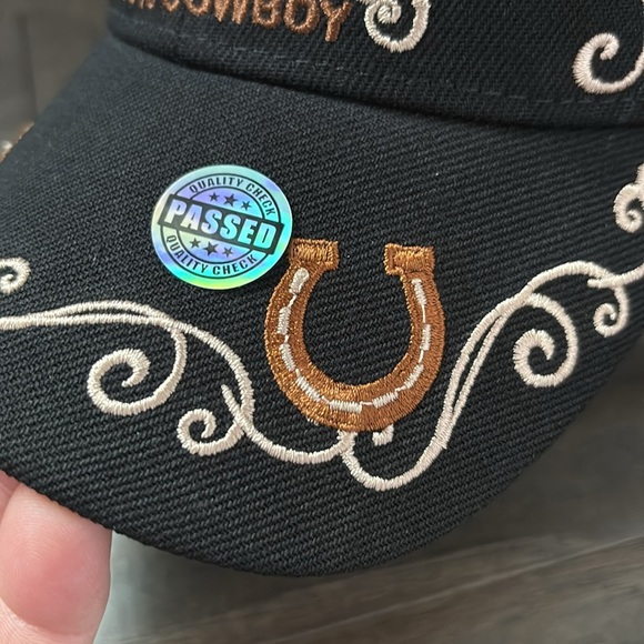 Rodeo 100% Cowboy Embroidered,horseshoe, bull,canvas velcro back baseball cap - Picture 3 of 8